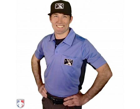 S314-MiLB-PL-SB Smitty MiLB Umpire Shirt - Sky Blue with Black Worn Front Angled View S314-MiLB-PL-SB Smitty MiLB Umpire Shirt - Sky Blue with Black Worn Front Angled View