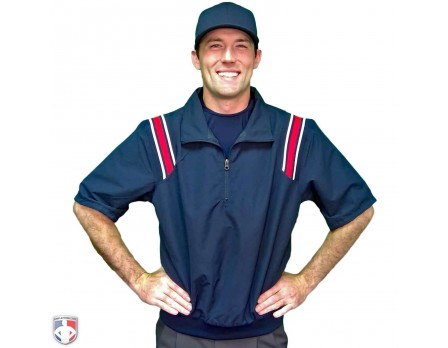 S324-N/R Smitty Traditional Half-Zip Short Sleeve Umpire Jacket - Navy with Red and White Worn Front View
