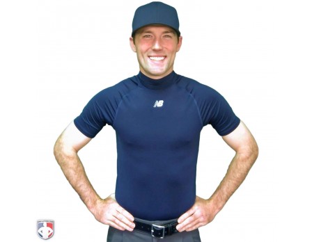 TMMT717-N New Balance Challenger Mock Neck Short Sleeve Compression Shirt Navy Worn Front View