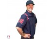 S324-N/R Smitty Traditional Half-Zip Short Sleeve Umpire Jacket - Navy with Red and White Worn Front Angled View with 4" Red on Navy on White Precision-Cut Numbers