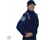 S330-N/PB Smitty Major League Style Fleece Lined Umpire Jacket - Navy and Polo Blue Front Angled View with 4" Navy on Powder Blue on White Precision-Cut Number