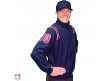 S330-N/R Smitty Major League Style Fleece Lined Umpire Jacket Navy and Red Front Angled View with Red on Navy on White Precision-Cut Numbers